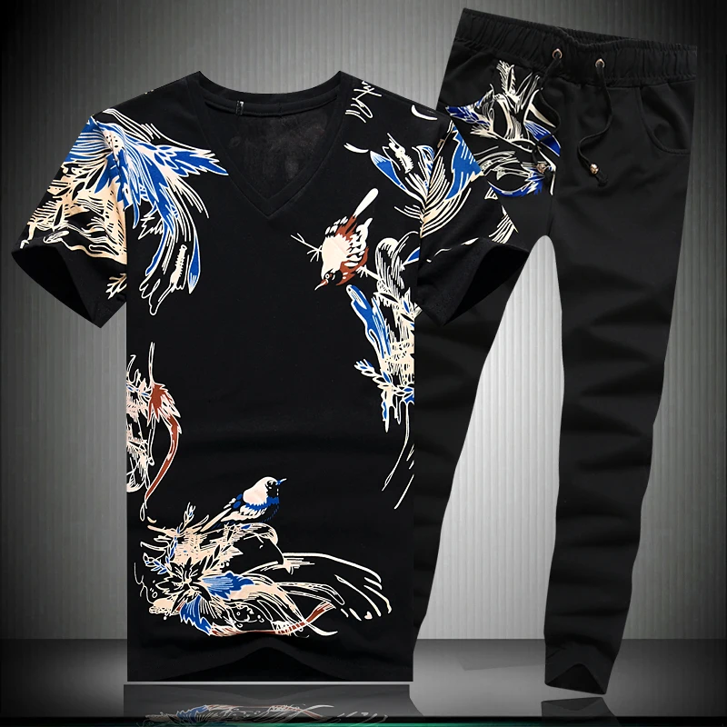 

Two pieces sets birds pattern printing short sleeve t shirt&pants Summer New top quality cotton fashion luxury men's suits M-5XL