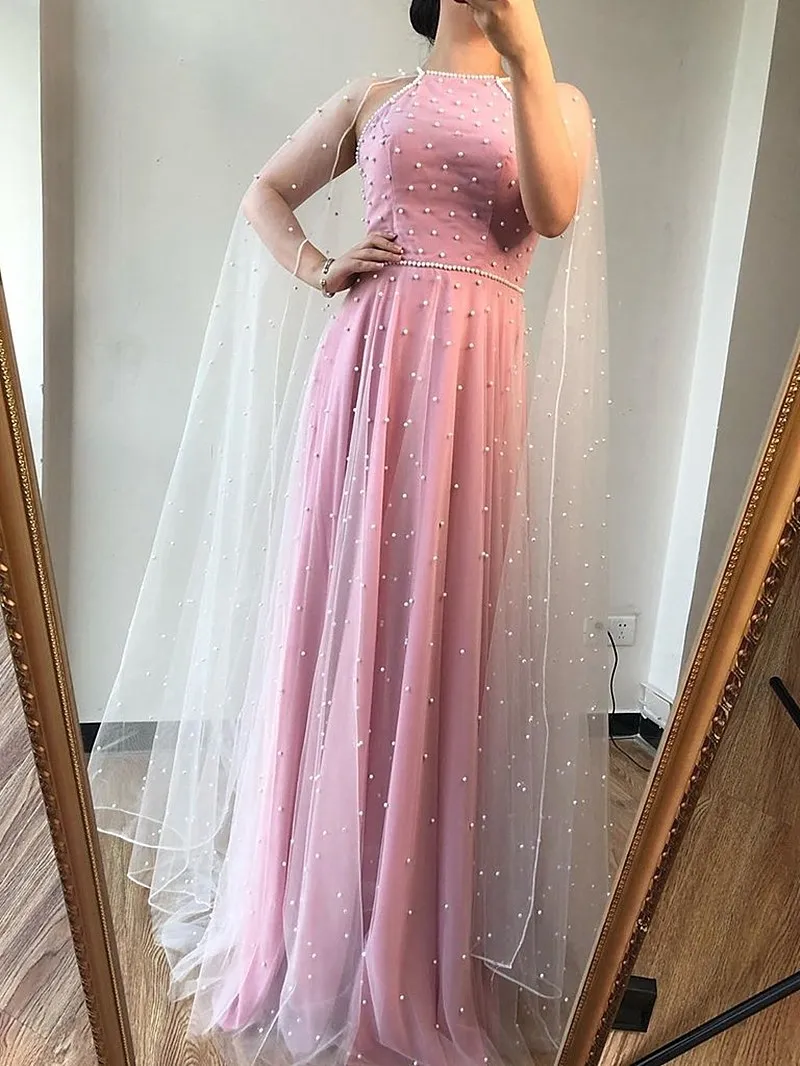 2020 Nieuwe Avondjurk Kralen Roze Met Wrap A-lijn Chiffon Floor Lengte Mouwloze Elegante Prom Jurk Вечернее Платье Vestidos