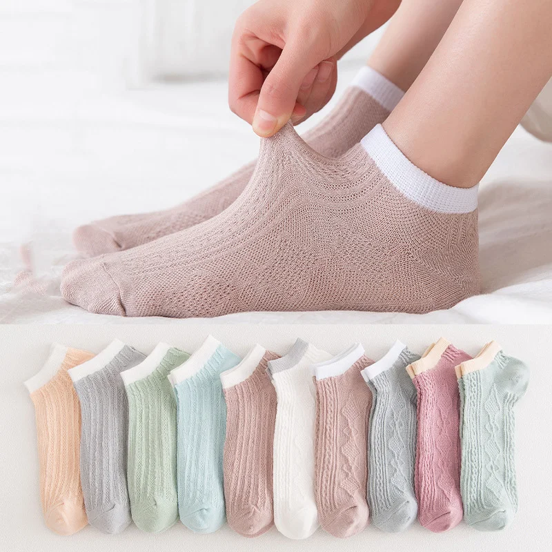 Calcetines tobilleros de algodón de corte bajo para mujer, medias náuticas japonesas, 10 unidades = 5 pares