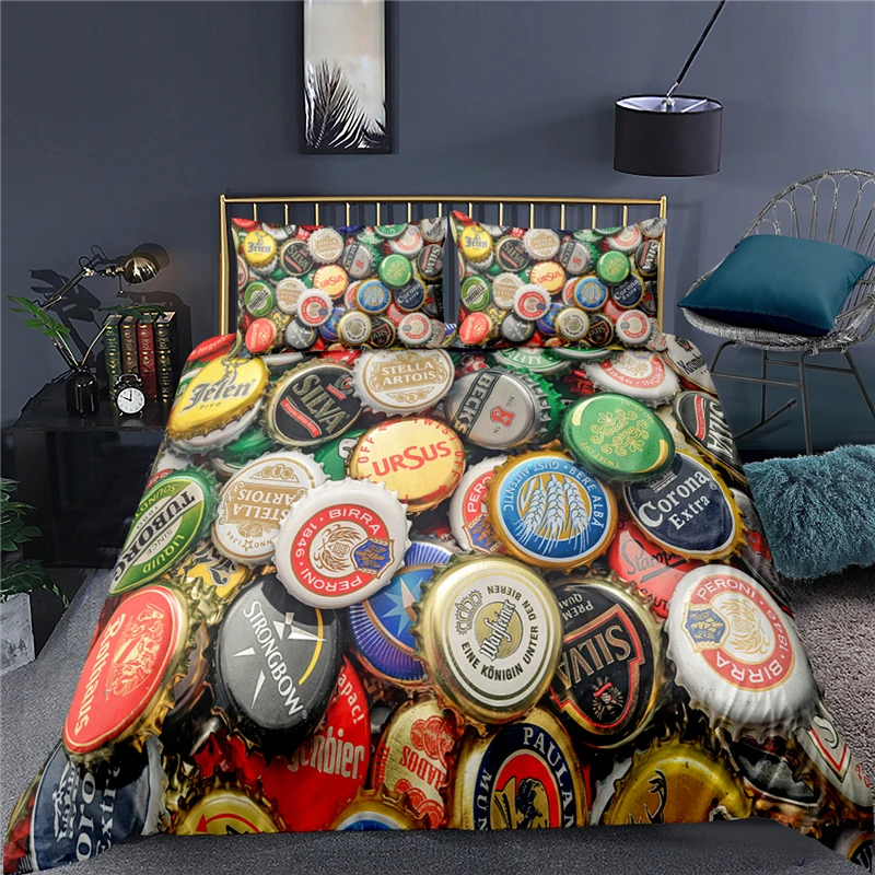 Luxury 3D Beer Bottle Cap Print 2/3Pcs Kids Bedding Set Comfortable Duvet Cover Pillowcase Home Textile Queen and King Size