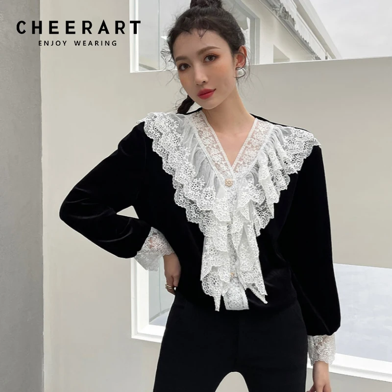 

CHEERART Gothic Court Velvet Patchwork Lace Long Sleeve Top And Blouses Black Ruffle Ladies Blouses Fall 2021 Womens Fashion