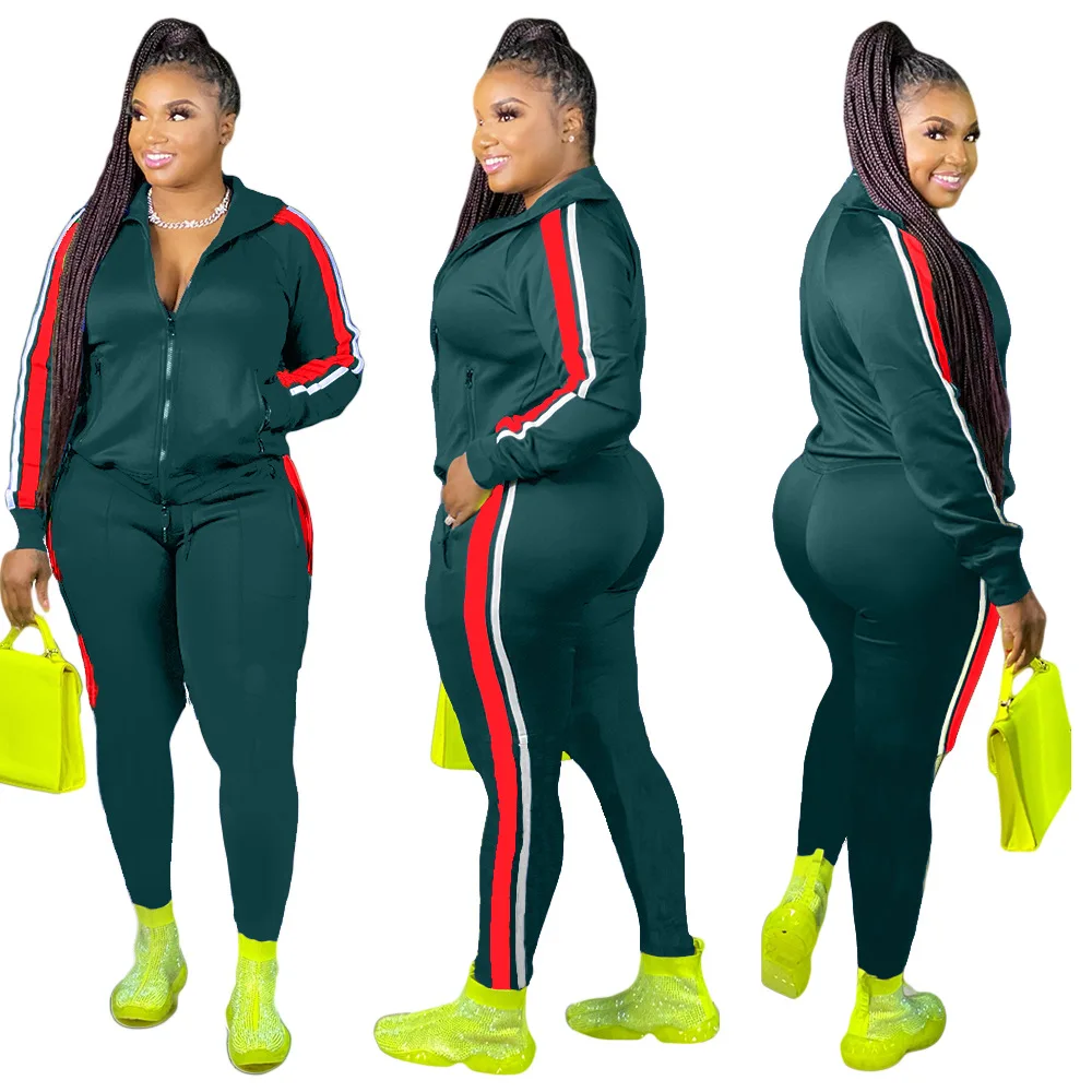 L-4XL Sport large plus size two piece set women clothing Splicing zip long sleeve top and pants suit Wholesale dropshopping