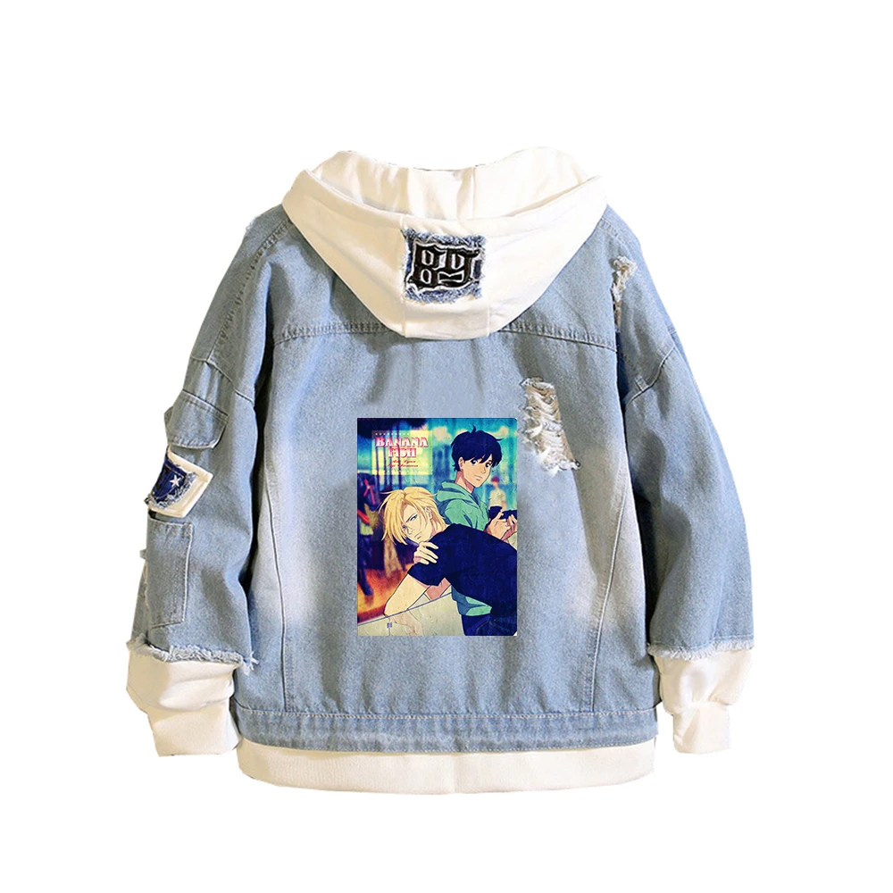 Banana Fish Painting Jeans Jacket  Ash Lynx Anime Denim Hoodies Harajuku Streetwear Long Sleeve Women Sweatshirt  Couple Costs view 3