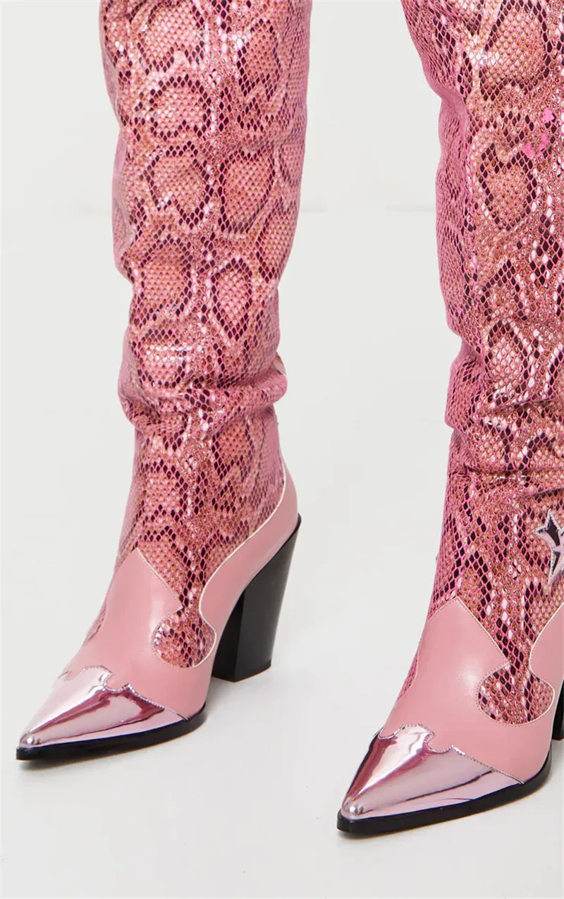 2024brand fashion pointed toe snake print microfiber knee high boots sexy high heels shoes woman ladies autumn winter boots pink