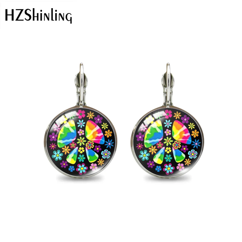 2021 New Hippie Peace Sign Van Bus Ear Clip Lovely Round Earring Handmade Glass Cabochon Jewelry Earrings