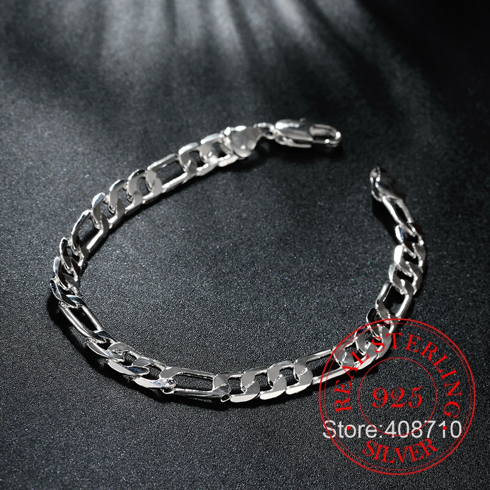 4MM 6MM 8MM Men\'s Bracelet Silver 925 Curb Cuban Link Hard Chain Bracelets For Women Pulseras Mujer Wholesale Jewelry Gift