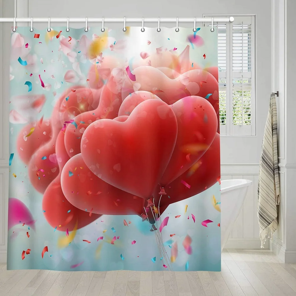 

Red Heart Balloon Bathroom Shower Curtains, Love Themed Valentines Day Heart Shape Festive Celebration Decoration for Man Woman,