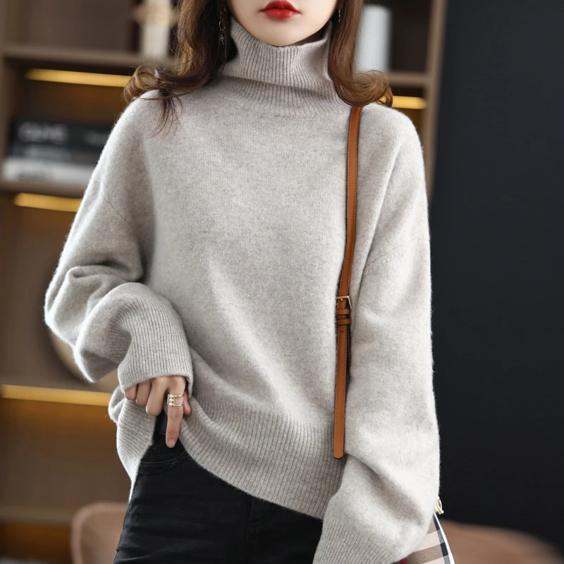 Wool Sweater Women 2021 Autumn and Winter New 100% Pure Wool Turtleneck Sweater Ladies Loose Thick Pullover Cashmere Sweater Top