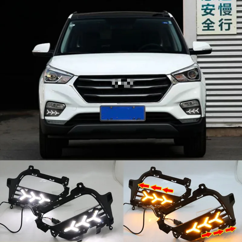 

2PCS For Hyundai Creta IX25 2017 2018 2019 2020 DRL LED Daytime Running Light fog lamp Cover DRL with yellow turn signal