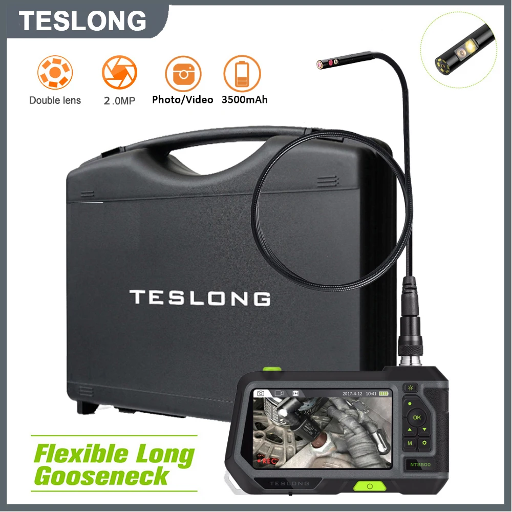 Teslong-câmera Industrial Endoscópio Tubo de Cobra Lente Dupla Tubo do Carro Inspeção Digital Borescope Nts500 5.0 1080p 55 Milímetros