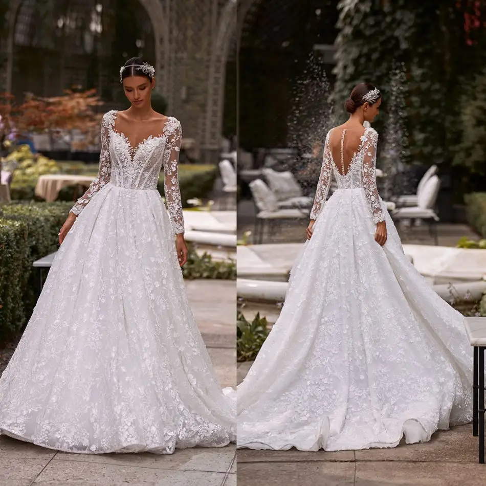 

2021 New Wedding Dresses Long Sleeves Lace Appliques Bridal Gowns Custom Made Button Back Sweep Train A Line Wedding Dress