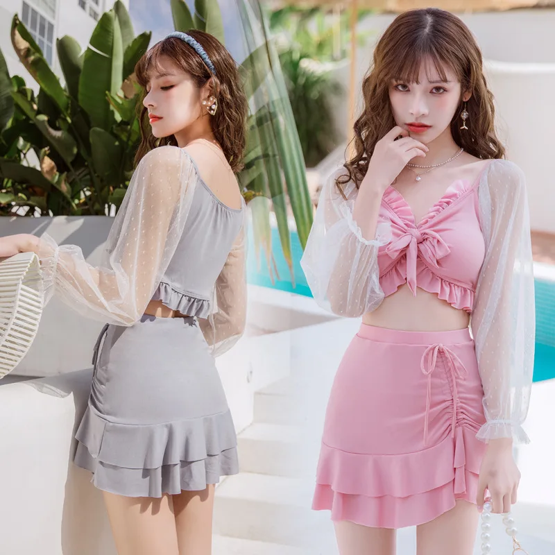 2021 New Korean Sexy High Waist Bikini Sets Women Long Sleeve Swimsuit Two Pieces Beach Bathing Suits Swimwear Swimskirt