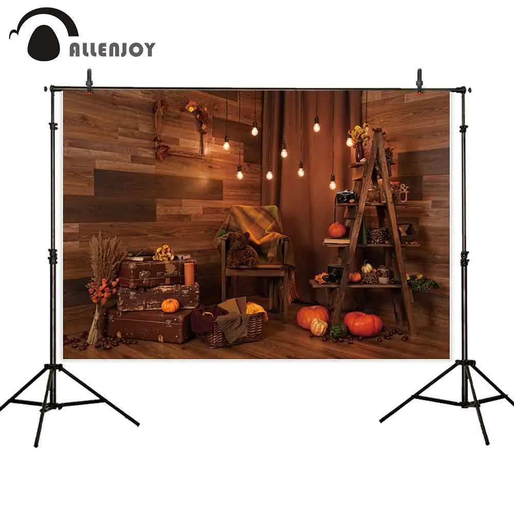 

Allenjoy Autumn Fall Halloween Photography Backdrop Wood Wall Pumpkins Light Suitcase Thanksgiving Background Photophone Studio