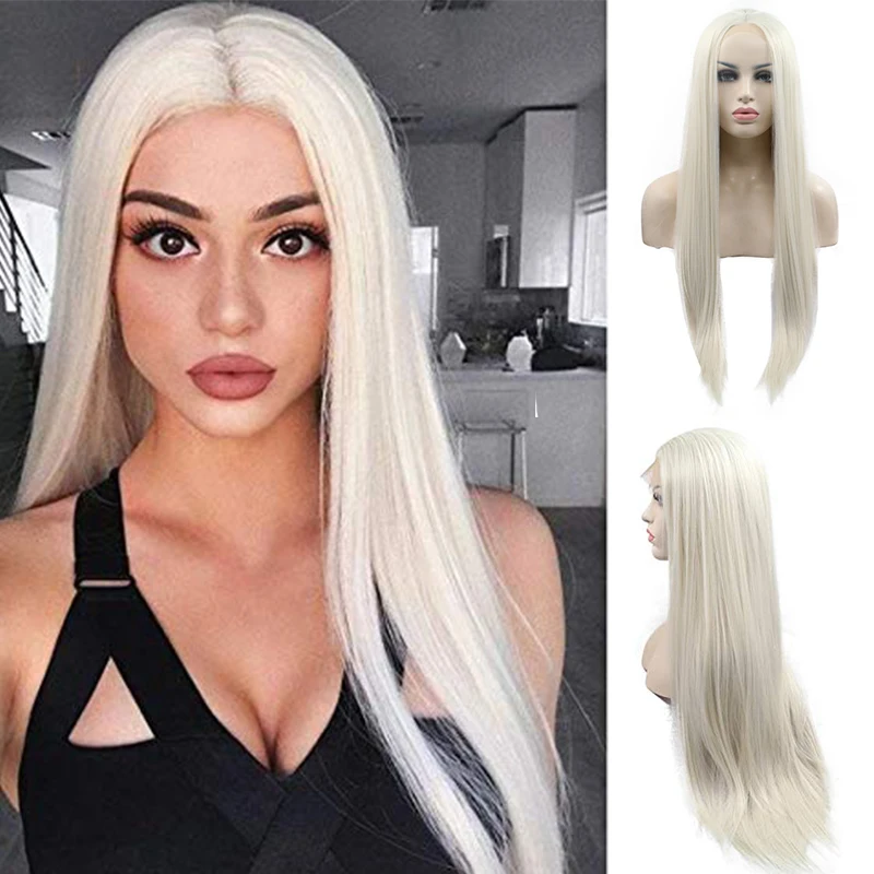 

60# Synthetic Lace Front Wig White Blonde Long Straight Wigs 613 Frontal Glueless Cosplay HD Transparent Hair For Black Women