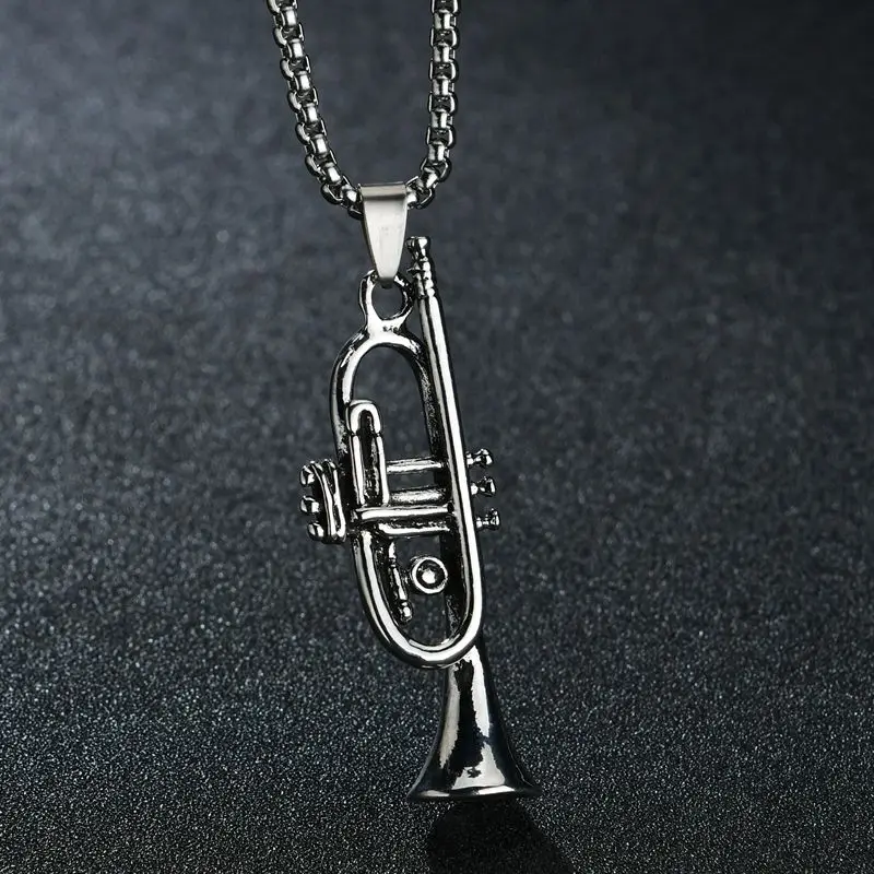 Classic Saxophone Men Necklace Stainless Steel Chain Trumpet Pendant Necklace For Men Jewelry Gift Belgium Musical Instruments