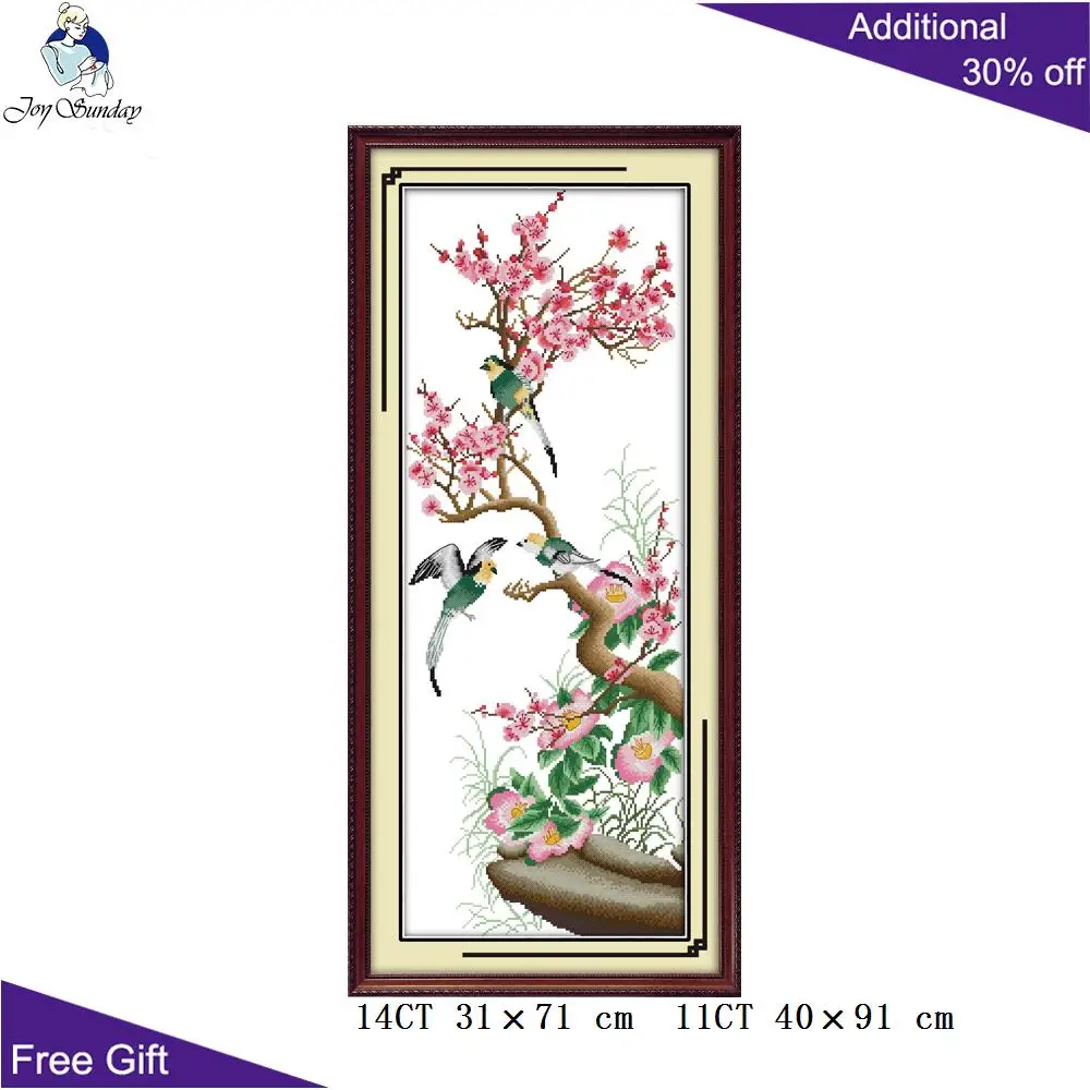 Joy Sunday-Flowers Home Decor, H102 H103 H104 H105, Red Plum Pink Orchid, Yellow Chrysanthemum Green Bamboo Cross Stitch Kit
