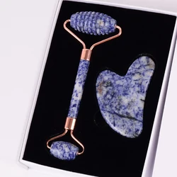 Shoulder Neck Massager Sodalite Sawtooth Face Roller Natural Stone Body Care Gua Sha Massage Tool acupuncture Health Beauty Set