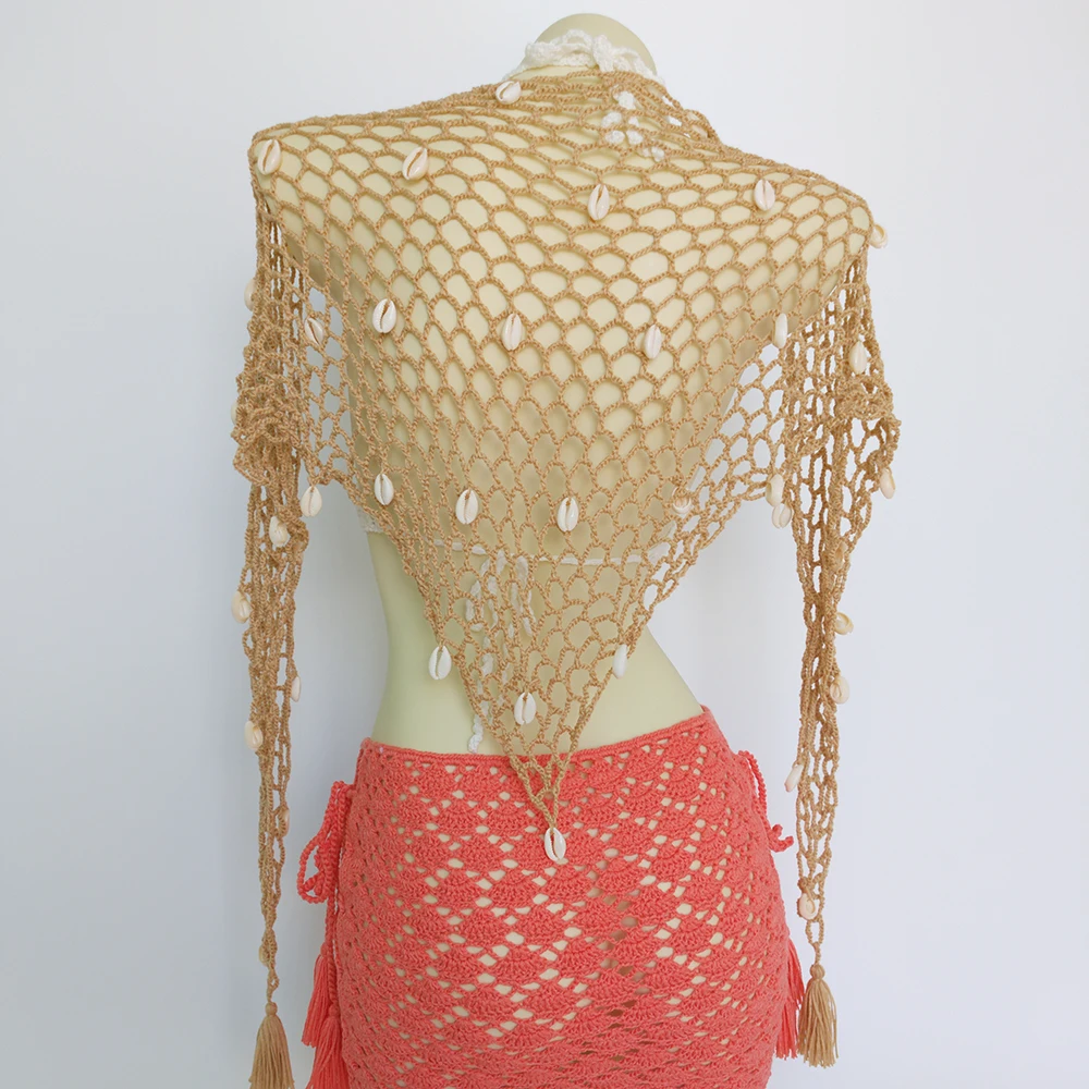 Women Triangle Shawl With Seashell Sexy Bikini Cover Up Sunscreen Nets Skirt Mesh Tunic Pareo Beachwear