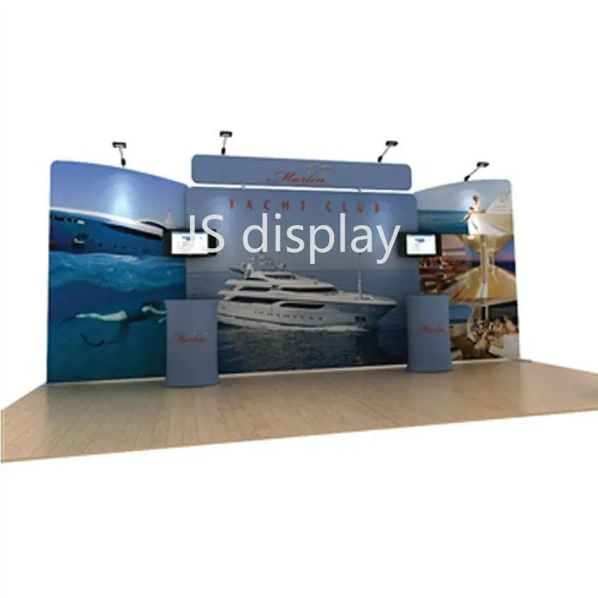 20ft Tension Fabric Trade Show Display Booth Kit Pop Up Stand Backdrop Wall with Custom Print Counter Lights TV Brackets