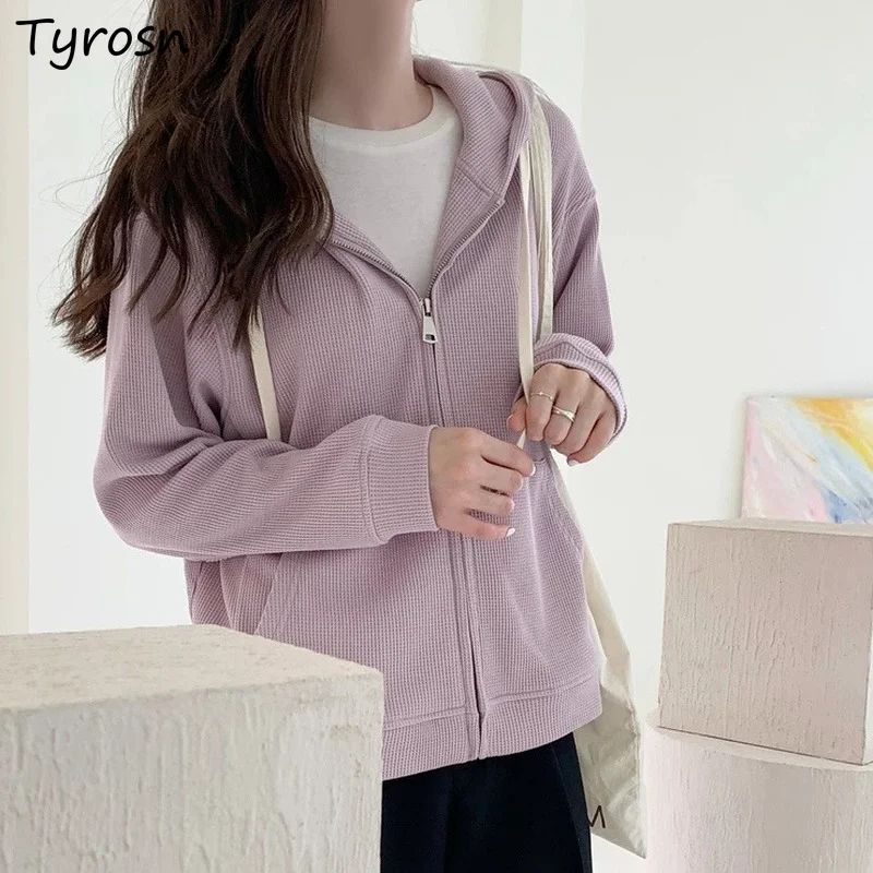 

Hooded Jackets Women Zip-up Solid Simple Korean Style Streetwear All-match Retro Casual Loose Femme Coats Elegant Sweet Outwear