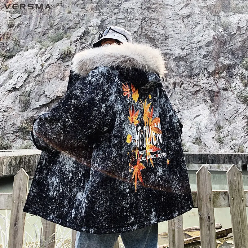 VERSMA Korean Style Clothing Men Winter Warm Jacket Coat Men Parka Maple Print Mens Fur Hood Russian Winter Coats Parkas Men 5XL