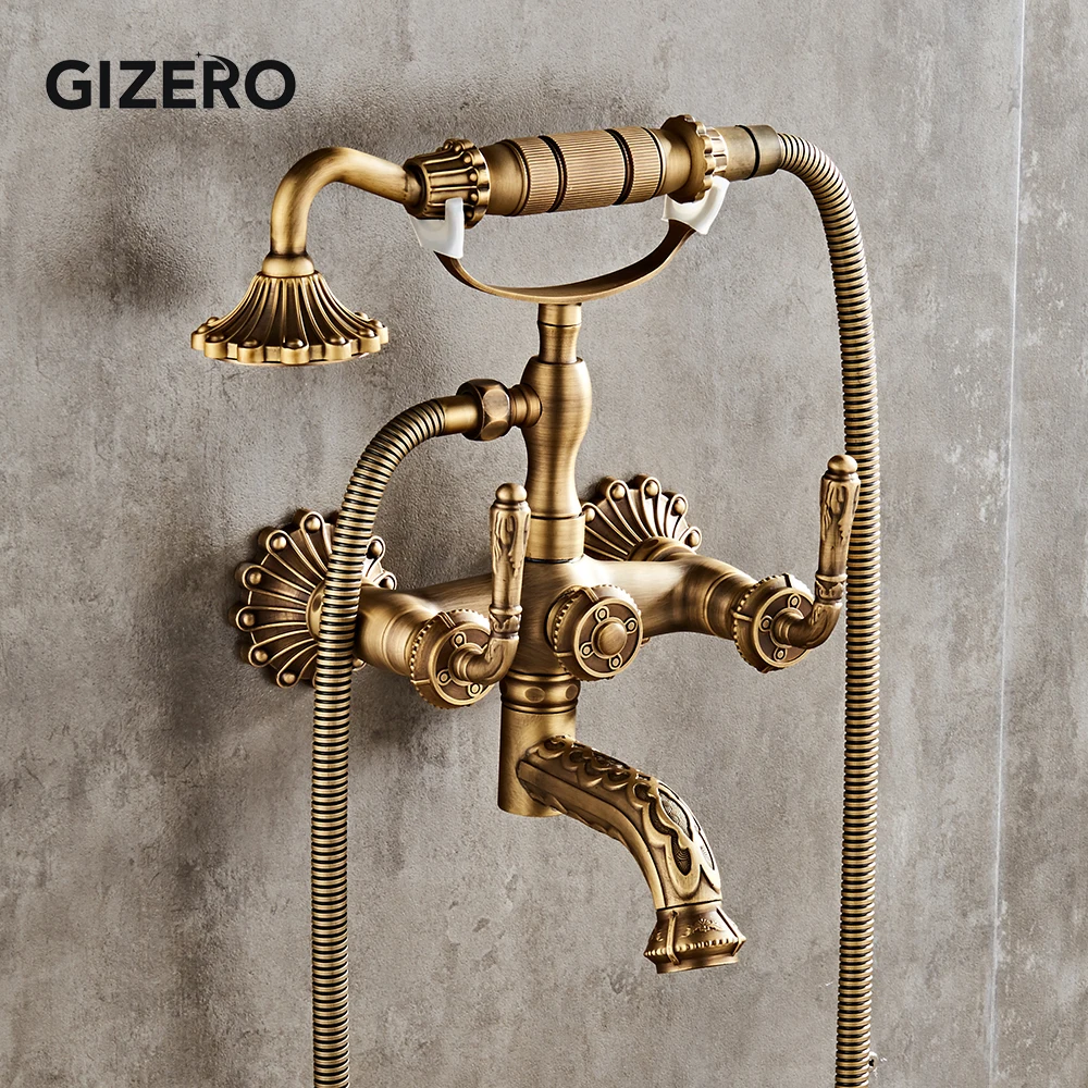 Bathroom Shower Mixer Solid Brass Antique Retro Style Bathtub Shower Set With Hand Shower Faucet Wall Mount Shower Faucet ZR023