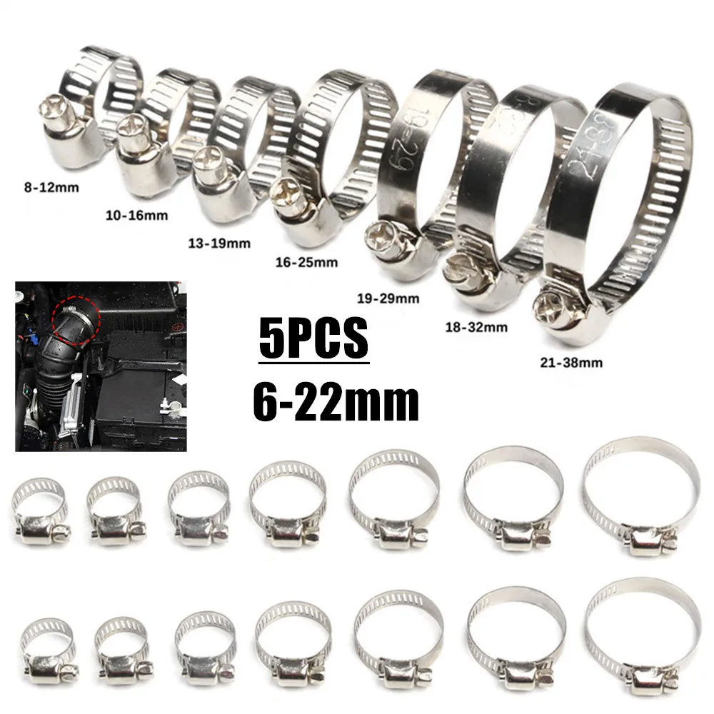 5PCS Pipe Clamps Stainless Steel Hose Clips Fuel Hose Pipe Clamps Worm Drive Durable Anti-oxidation 8-32mm