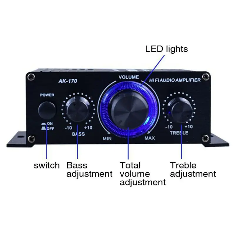 400W DC12V Dual Channel Mini HIFI AUX Power Amplifier for AK 170 with Blue LED Light