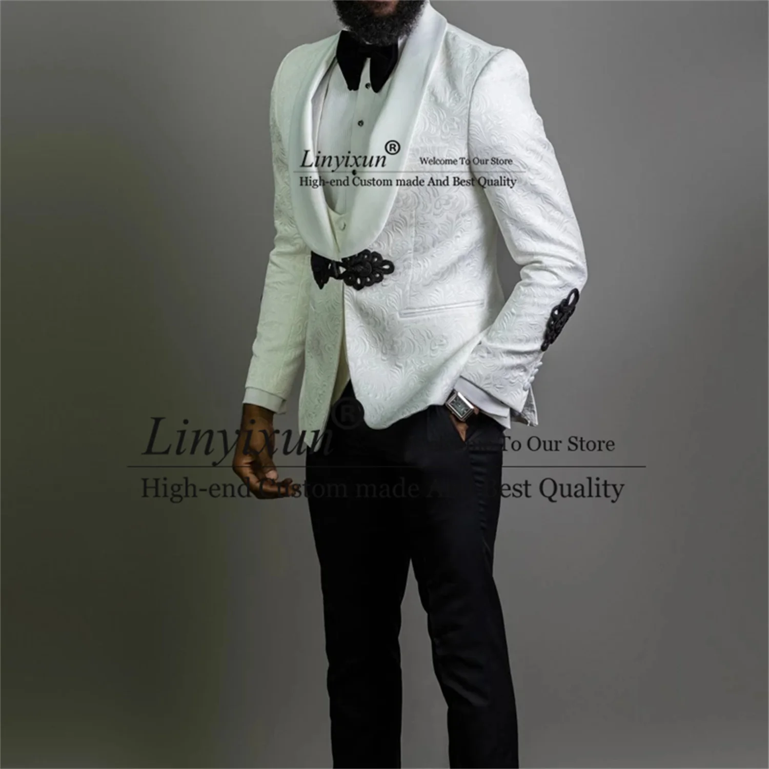 White Floral Jacquard Mens Suits Black Peaked Lapel 2 Pieces Sets Customized Groom Wedding Tuxedos Fashion Male Wedding Suit image 2