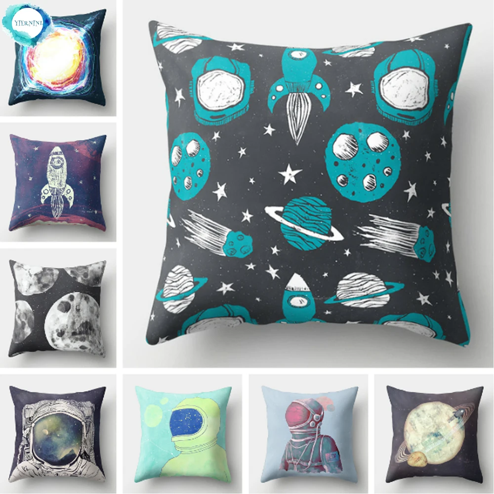 Outer Space Style Polyester Throw Pillow Case Spaceship Astronaut Print Cushion Cover Decorative for Sofa Bed Home Living Room