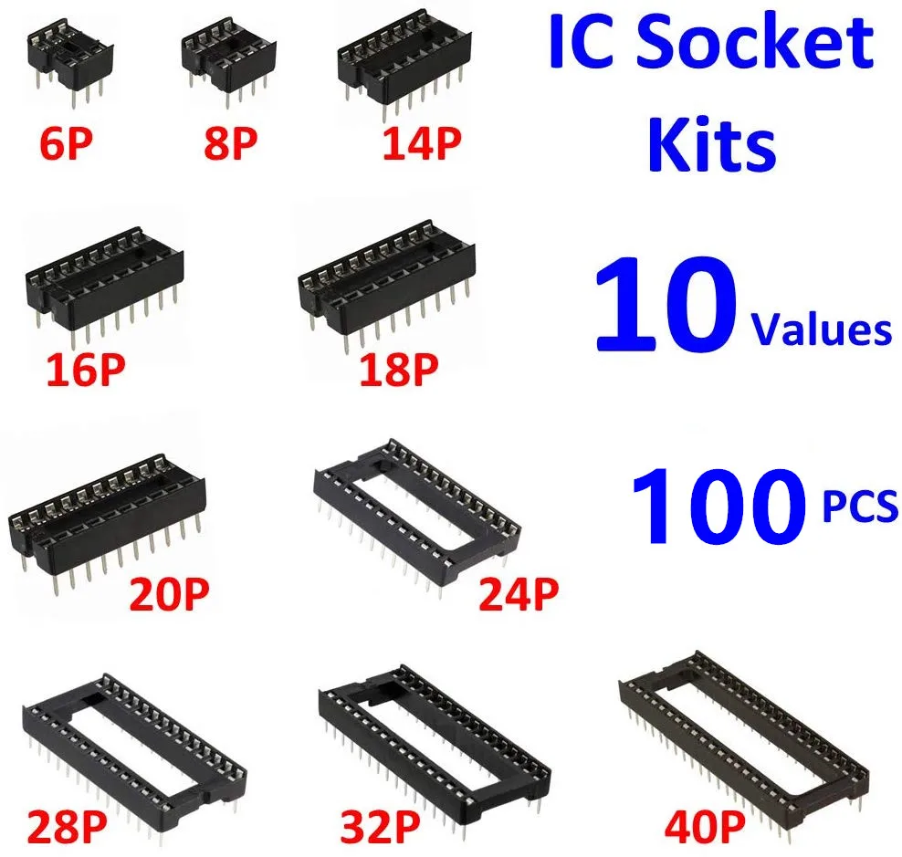 100Pcs/Box 2,54mm Pitch DIP IC Steckdosen Solder Typ Adapter Sortiment Kit (6/8/14/16/18/24/28/40 Pins)