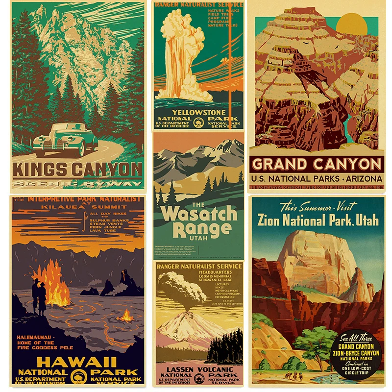 Vintage National Park Landscape Retro Posters Art Movie Painting Kraft Paper Prints Home/ Room/Bar Decor Wall Stickers