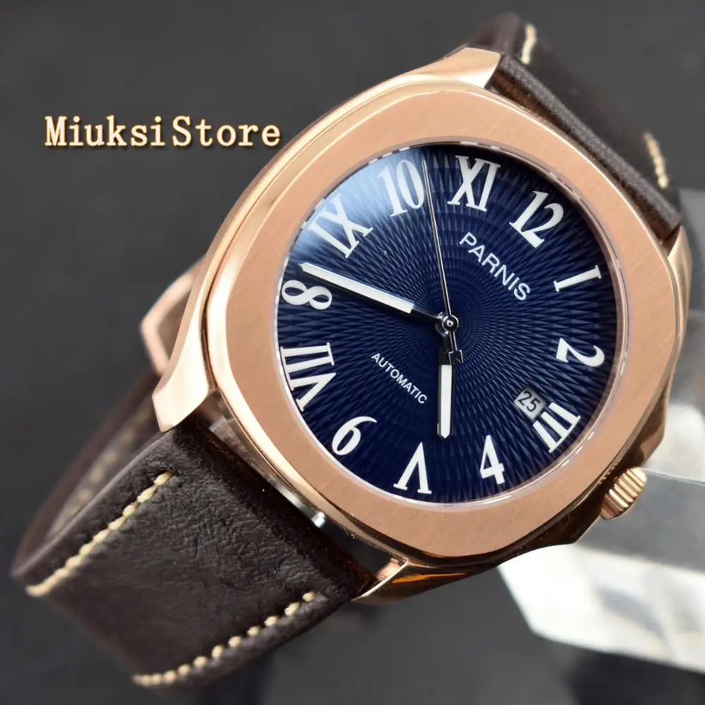 Parnis 40mm mens luxury top mechanical watch  gold case brushed bezel white dial navy miyota automatic waterproof watches