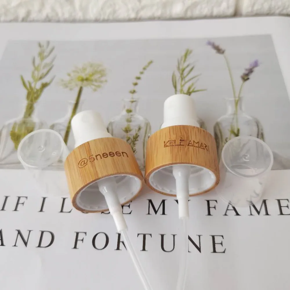 맞춤형 로고 각인 화이트 블랙 대나무 디스크 탑 캡 화장품용 18/410 24mm 20R 대나무 우드 로션 드로퍼 병 스프레이 뚜껑