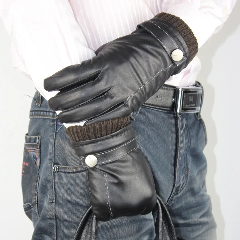 

Fashion design men's gloves Black genuine leather full-finger button beam warm winter glove 100% genuine leather gloves