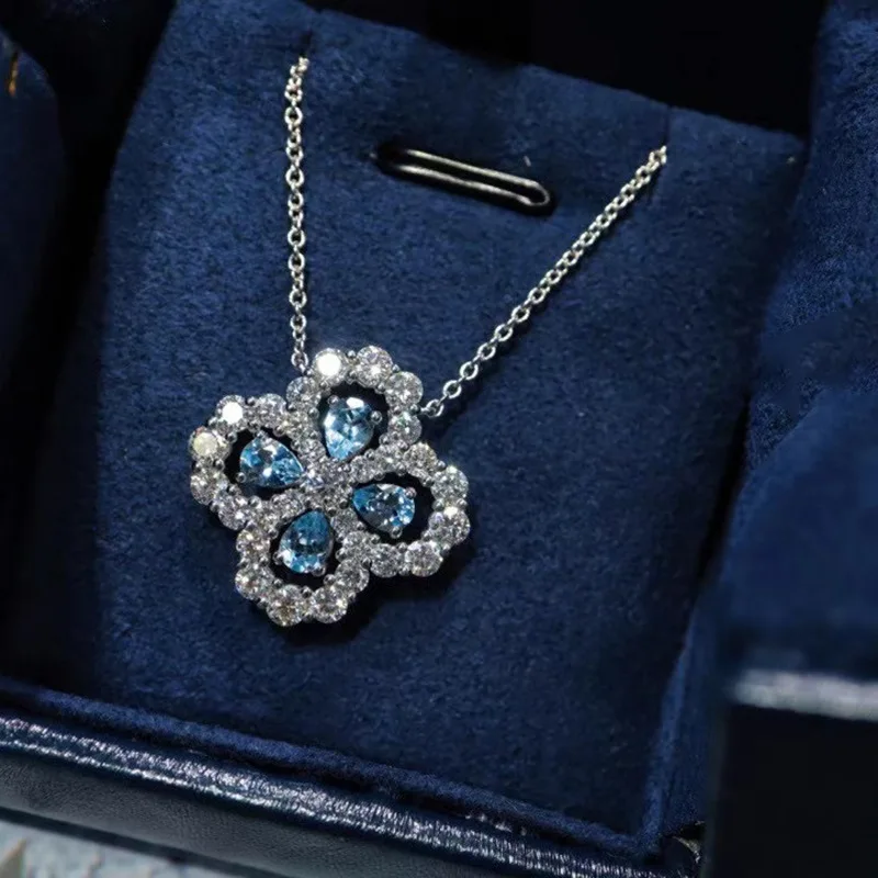 Fashion Charm Female Assembly Jewelry Quality Austrian Blue Crystal Four-Leaf Clover Lucky Clover Rhinestone Necklaces Chain