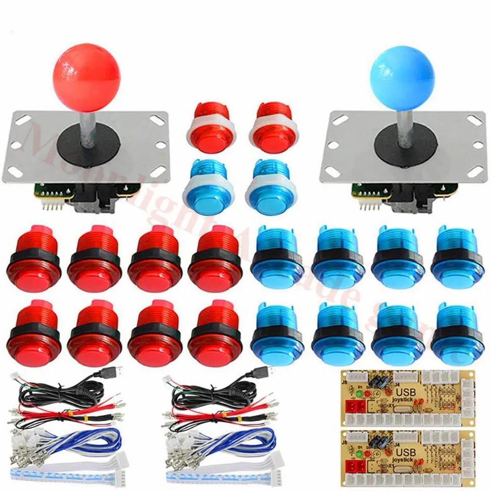 DIY Joystick Arcade Kits 2 Players With 20 LED Arcade Buttons + 2 Joysticks + 2 USB Encoder Kit + Cables Arcade Game Parts Set