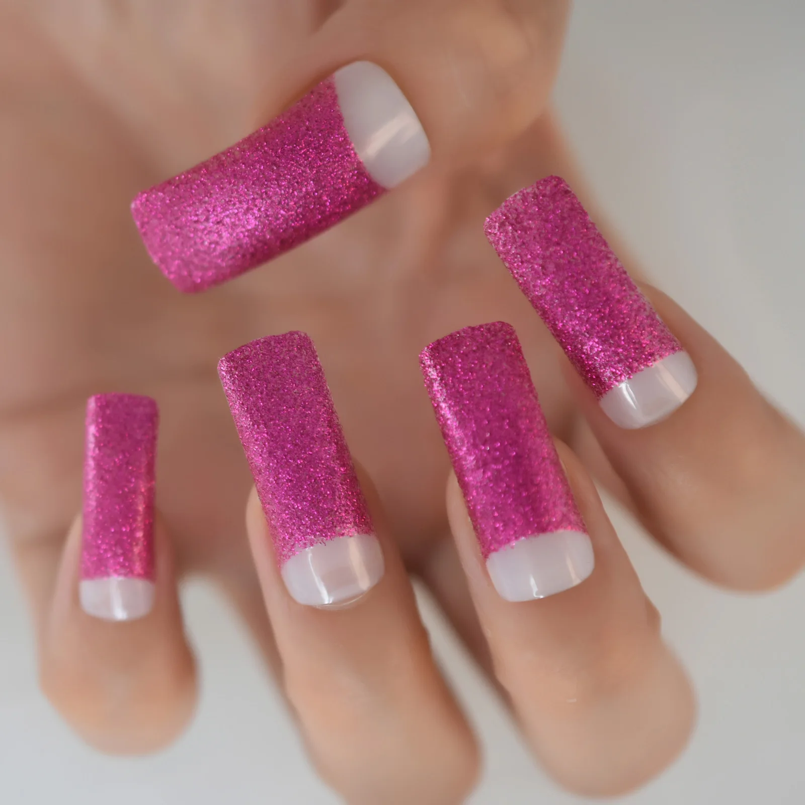 Hot Pink Glitter Press on Fake Nails Long Square Top Half Cover Acrylic False Extention Nails for Women and Girls 24Pcs