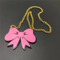 KUGUYS Glitter Pink Bow Pendant Necklace for Women Acrylic Gold Colour Chain Cute Fashion Jewelry Summer Accessories