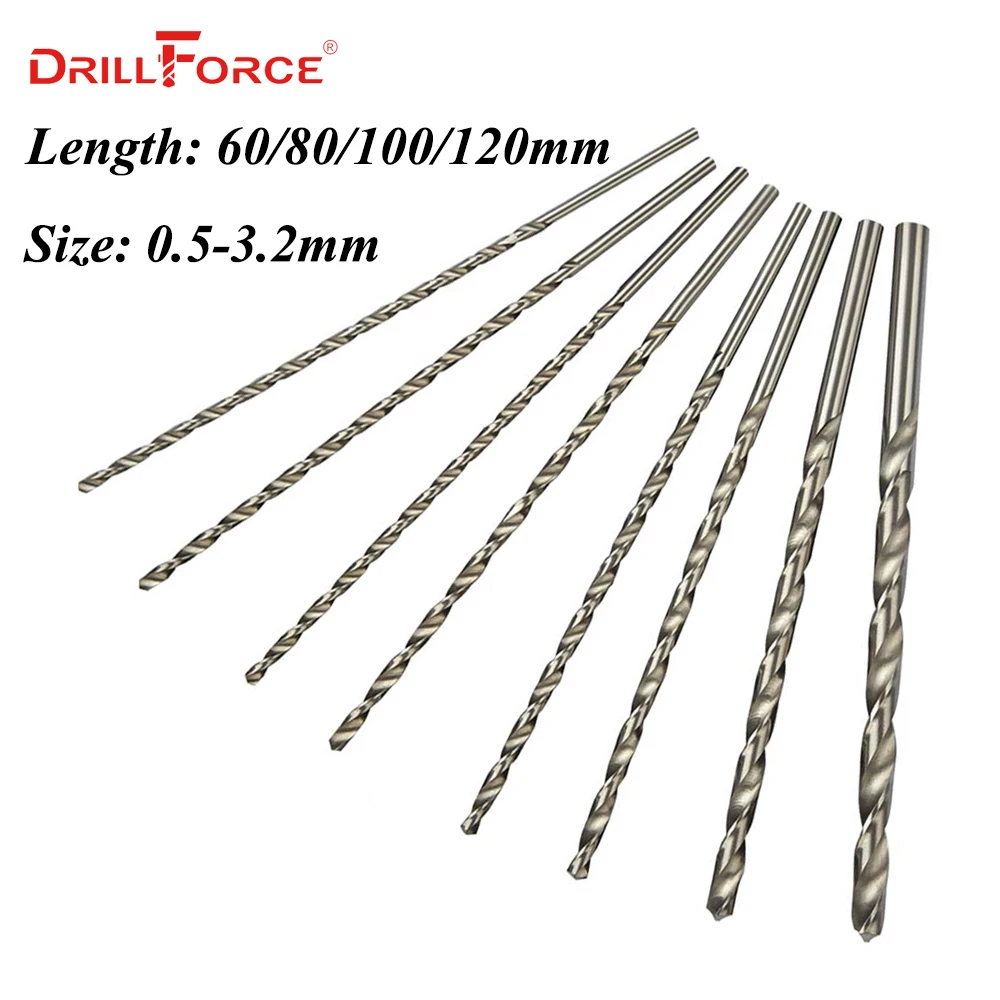 Drillforce 0.5mm-3.2mm Long Drill Bits Metal Woodworking Plastic HSS 60/80/100/120mm Length Twist Bit