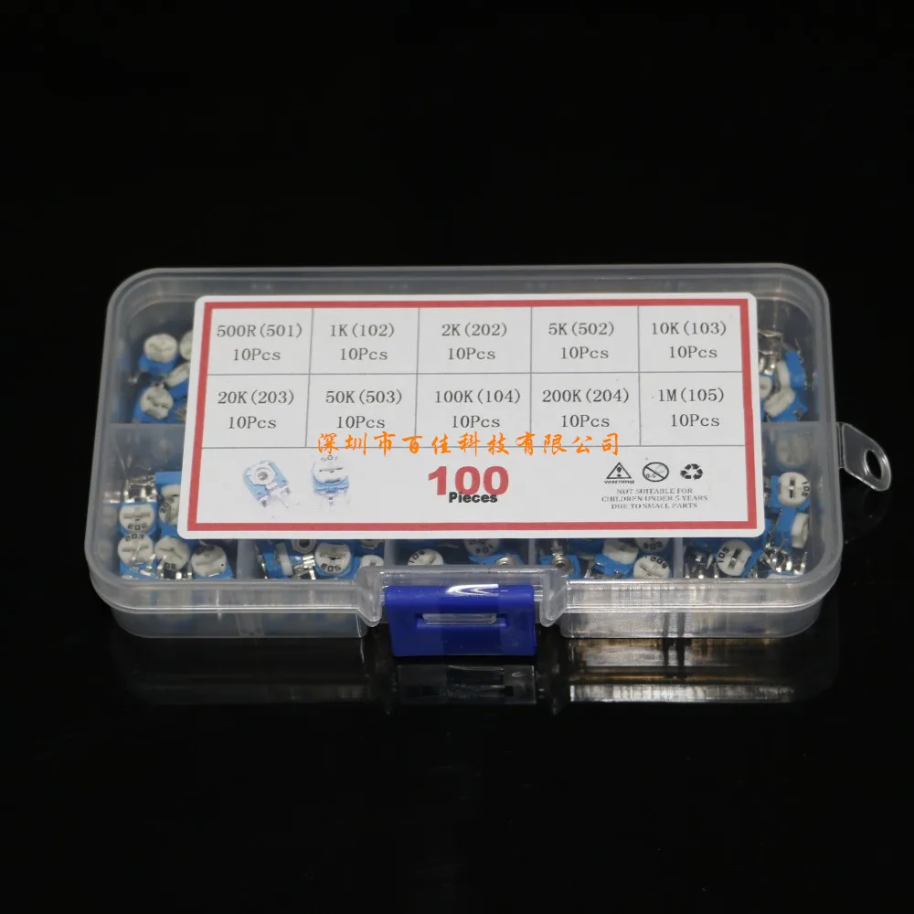 

100pcs Vertical 10 kinds specifications × 10pcs 6MM Rm063 Blue and White Adjustable Resistor Pack Box Set DIY Accessories