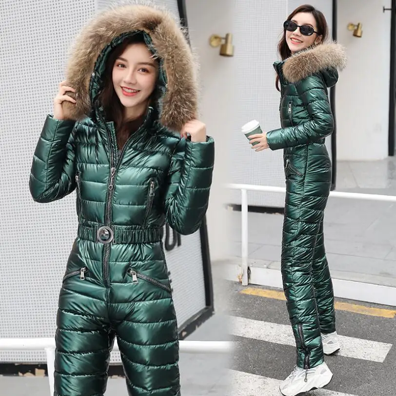 

One Piece Ski Suit Women Jackets 2021 Winter Hooded Glossy Parka Jumpsuit Femme Cotton Bodysuit Zipper Overalls Tracksuits p1003