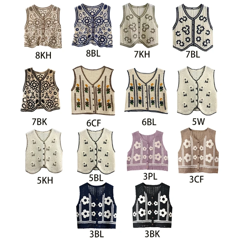 Boho Women Crochet Knit Vest Waistcoat Floral Pattern Sleeveless V-Neck Cardigan M6CD