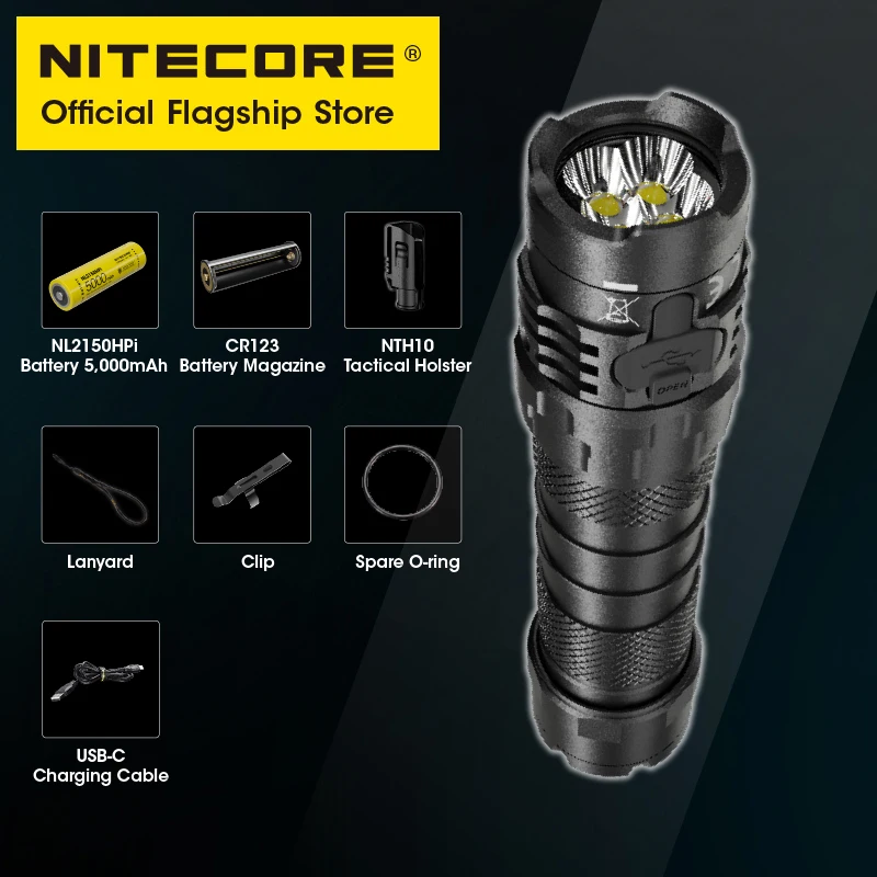 NITECORE P10iX Rechargeable Flashlight Powerful 4000 Lumens USB Tactical Flashlight One Button Strobe, 5000mAh NL2150HPi Battery