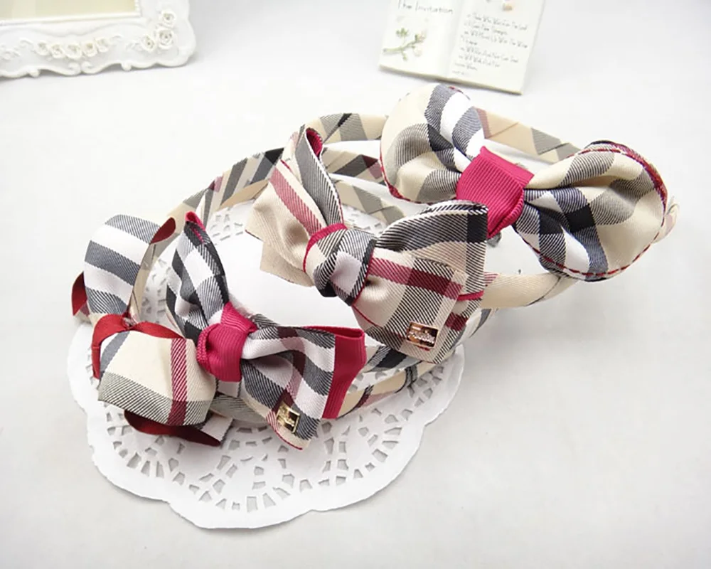 Fashion british plaid headband hairpin for women girls cute bowknot flower bear plaid hairband children hair accessories