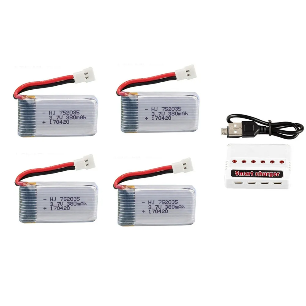 3.7V 380mAh LiPo แบตเตอรี่และ 6 IN1 Charger สำหรับ Hubsan X4 H107 H107L H107D JD385 JD388 RC อะไหล่เฮลิคอปเตอร์ 752035 แบตเตอรี่