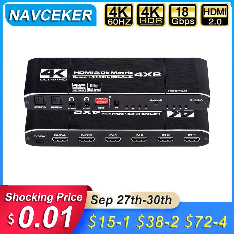 

Navceker 18.5 Gbps HDMI Matrix 4x2 4K@60Hz HDMI Switch Splitter with SPDIF and L/R 3.5mm HDR HDMI Switch 4x2 Support HDCP 2.2 3D