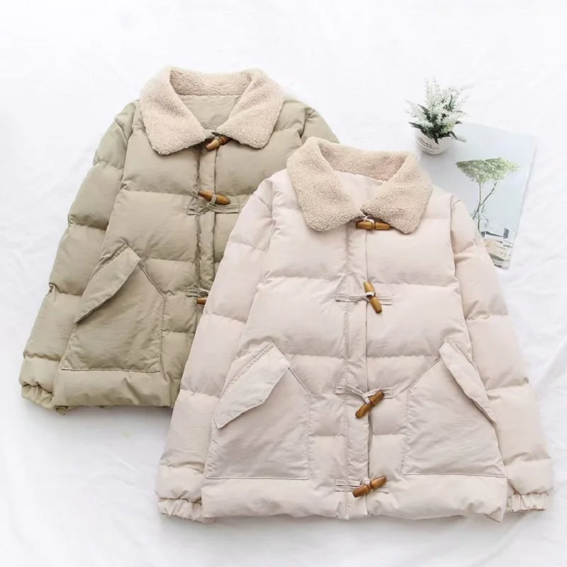 

Women's Warm Monochromatic Parka Jacket, Cotton Clothing Coat, Lapel Horn Buckle, Winter Fashion, New, W866,