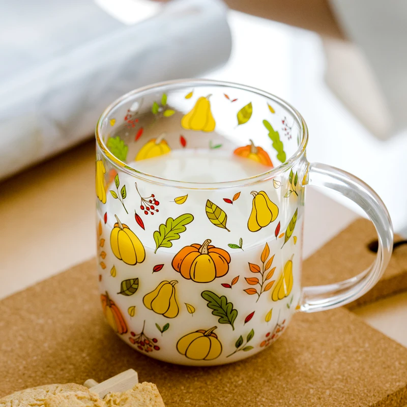 JINYOUJIA-Heat-Resistant Glass Mug with Handle, Breakfast Milk Cup, Cute Office Home Coffee Mugs, Mushroom, Pumpkin Pattern