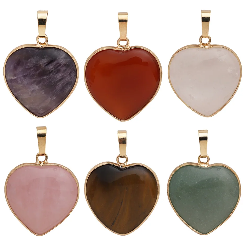 Natural Semi-precious Stone Pendants Amethyst Rose Quartz Heart Shape 20mm Size Gold and Silver Edge 8 Colors for Choice